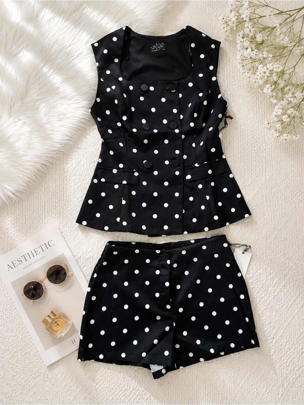Black Polka Dot Sleeveless Peplum Top & Shorts Set - Picture 3 of 4